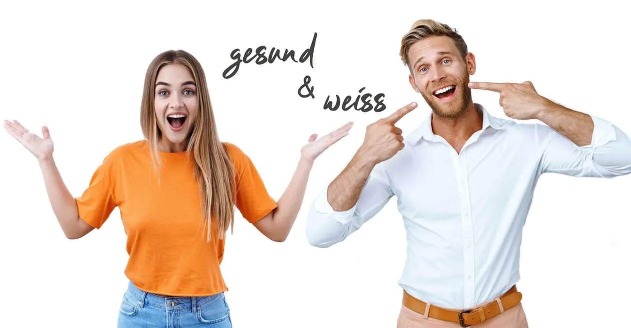 Zwei lachende Personen; Schriftzug «gesund & weiss»