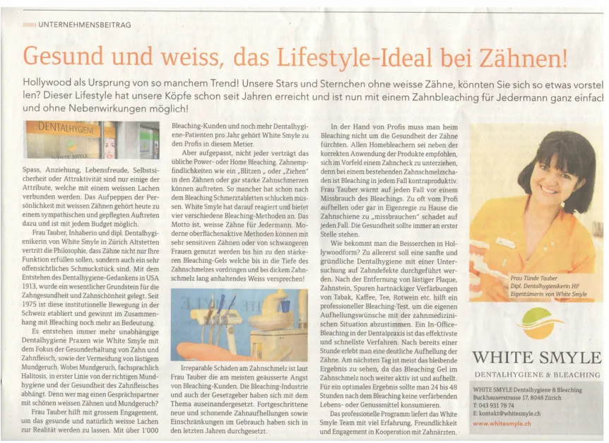 Zeitungsseite mit dem Unternehmensbeitrag «Gesund und weiss, das Lifestyle-Ideal bei Zähnen!»