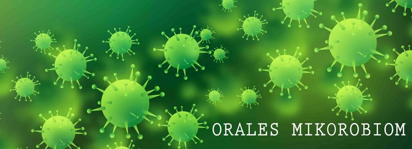 Grafik mit grünen Bakterien; Schriftzug «Orales Mikrobiom»