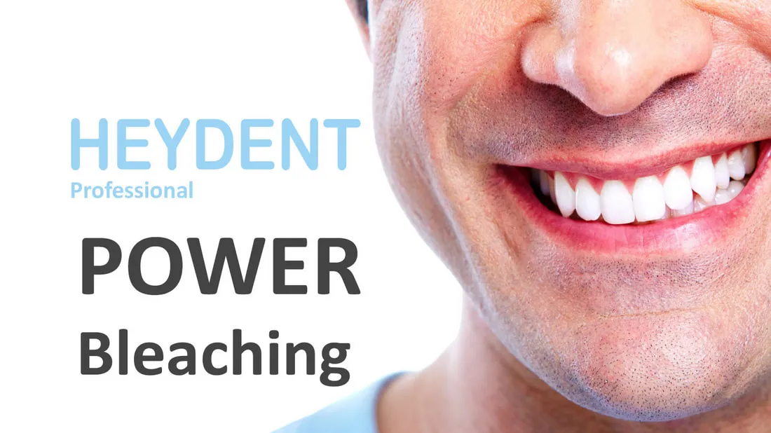 Grafik HEYDENT Power Bleaching mit lachendem Mann