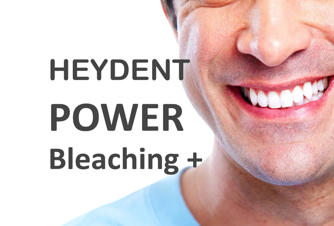 Grafik HEYDENT Power Bleaching plus mit lachendem Mann