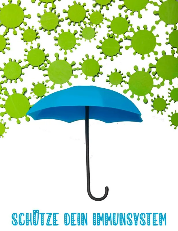 Grafik: Regenschirm schützt vor Viren; Schriftzug «Schütze dein Immunsystem»